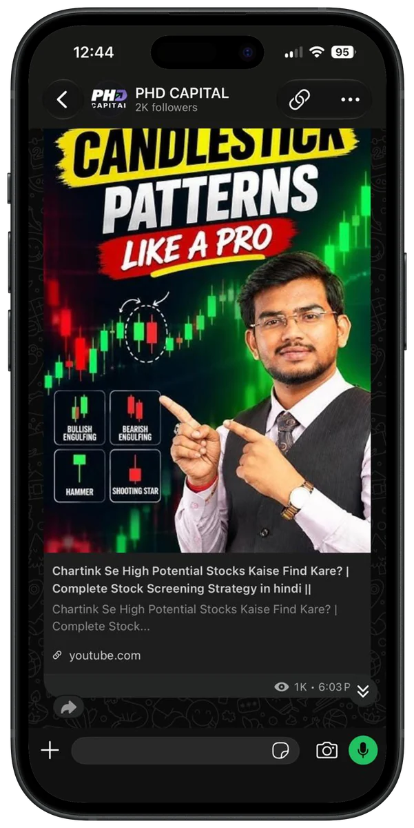 The PHD Capital WhatsApp channel open on an iPhone, showing a market update post